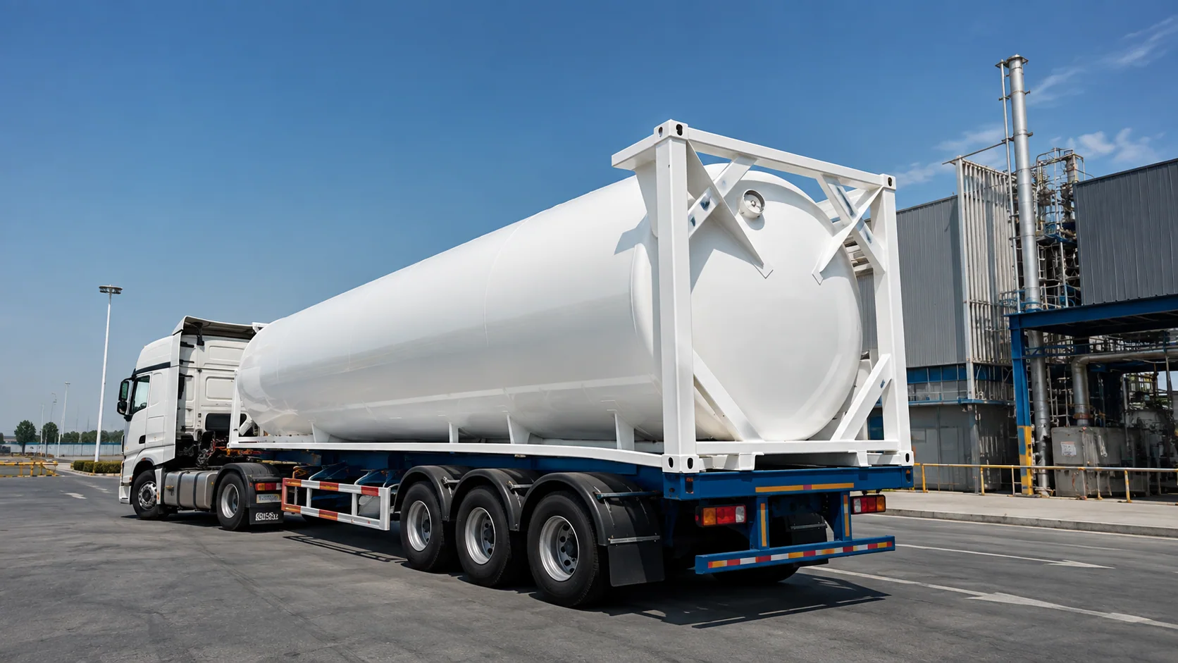 LNG tank container in a vehicle and transport-equipment setting